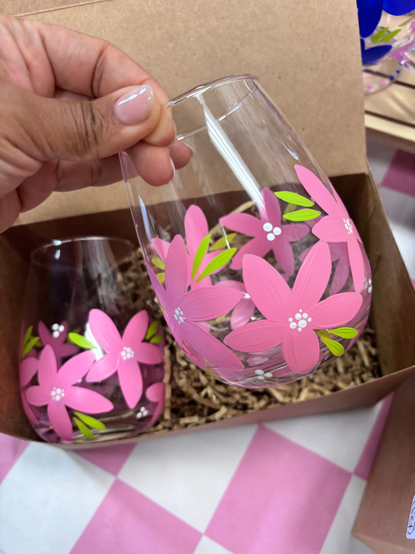 HAND PAINTED STEMLESS GLASSES - SET OF 2 - PINK