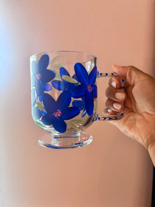HAND PAINTED GLASS MUG - BLUE + PINK
