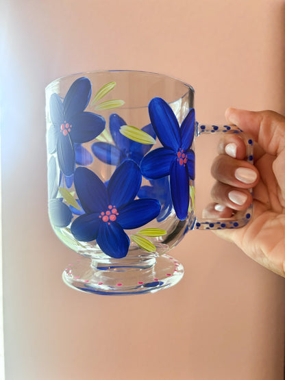 HAND PAINTED GLASS MUG - BLUE + PINK