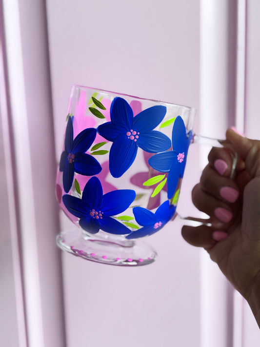 HAND PAINTED GLASS MUG - BLUE/PINK