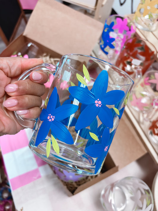 HAND PAINTED GLASS MUG - BRIGHT BLUE