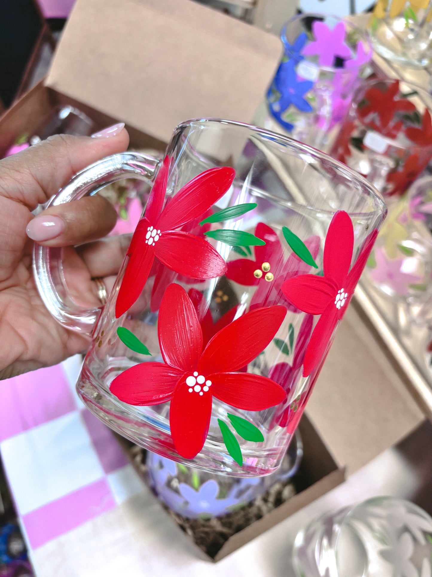 HAND PAINTED GLASS MUG - CHRISTMAS THEMED